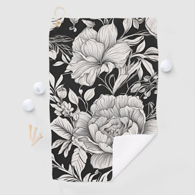 Serviette De Golf Peonies Black & White Vintage Pattern (En situation)