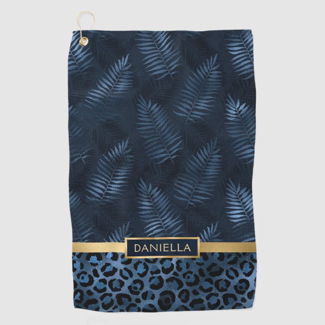 Serviette De Golf Personalized Blue Leopard Print Tropical Floral (Devant)