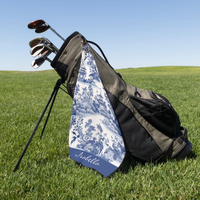 Serviette De Golf Personnalisé Chinoiserie Motif Pagode Bleu Blanc (Vert)