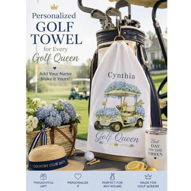 Serviette de golf personnalisée Hydrangea Reine du (Elegant personalized golf towel gift for women, tournaments, birthdays, prizes & country clubs.)