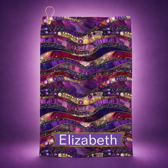 Serviette de golf personnalisée Strata Bijouée Vio (Glam purple and gold faux jeweled strata personalized golf towel for women.)