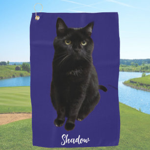 Serviette De Golf Photo et nom personnalisés de chat noir sur fond b