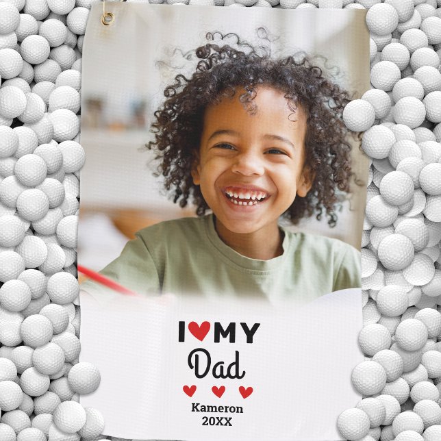 Serviette De Golf Photo J'aime mon père golfeur nom personnalisé (Photo I Love My Dad Golfer Name Custom Golf Towel)