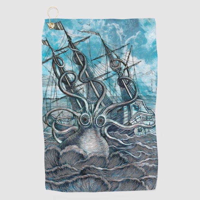 Serviette De Golf Pieuvre géante Mer Bleue Monstre Voilier (Devant)