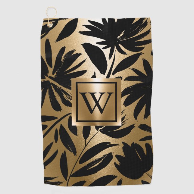 Serviette De Golf Pinceau Floral noir et or (Devant)