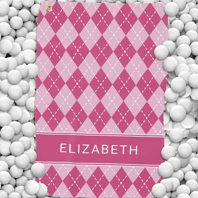 Serviette De Golf Pink Argyle Plaid Custom Monogram Name Classic (Pink Argyle Plaid Custom Monogram Name Classic Golf Towel)