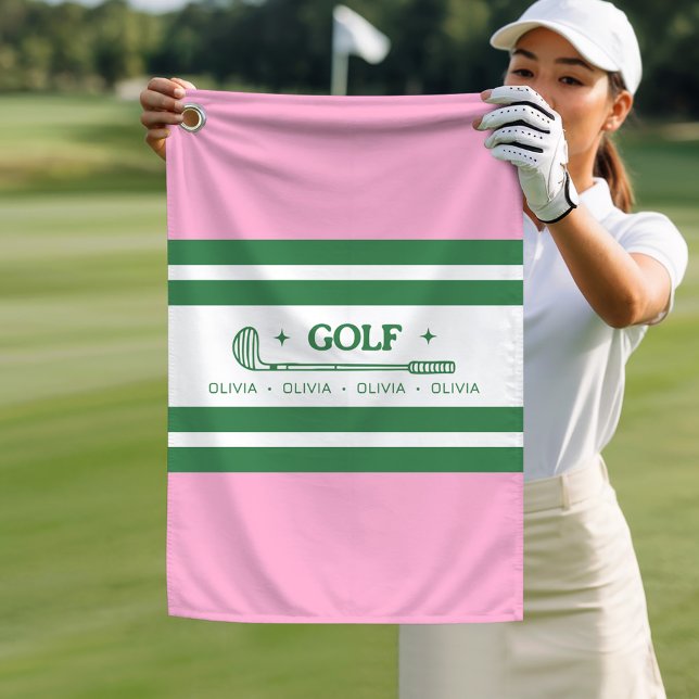 Serviette De Golf Pink & Green Striped cadeau rétro personnalisé (Créateur téléchargé)