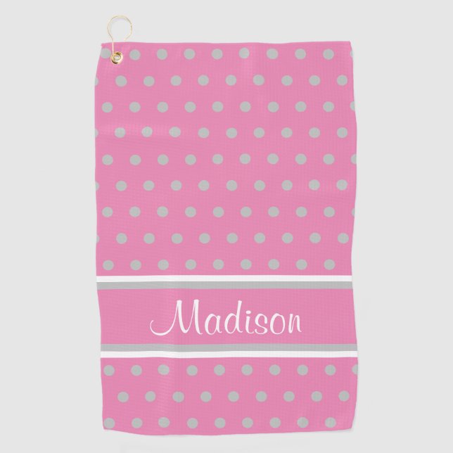 Serviette De Golf Pink Grey Polka Dot Stripes Nom du script (Devant)