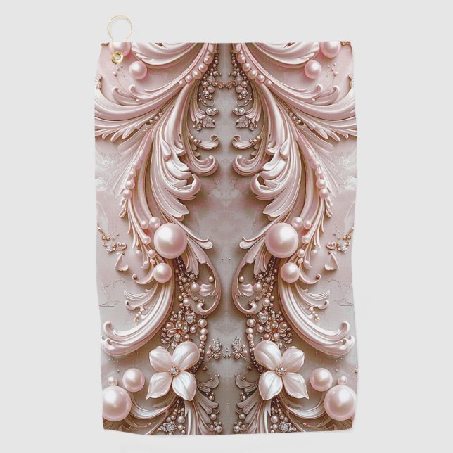 Serviette De Golf Pink Ornate Pearl and Floral Golf Towel (Devant)
