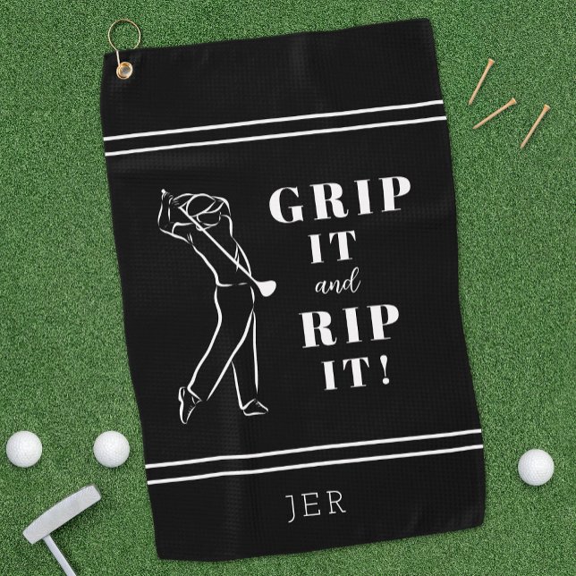 Serviette De Golf Poignée de golf drôle humoristique It Rip Hommes N (Funny Humorous "Grip It & Rip It!" Custom Men's Black & White Golf Towel Unique Golfer Gift For Him.)
