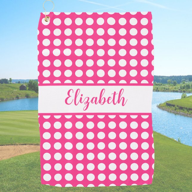 Serviette De Golf Points noirs rose chaud personnalisés pour dames (Créateur téléchargé)