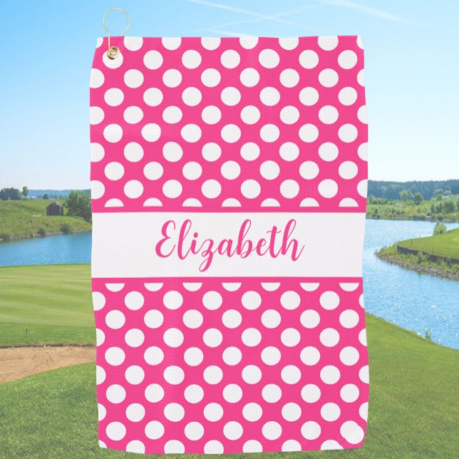 Serviette De Golf Points noirs rose chaud personnalisés pour dames (Créateur téléchargé)