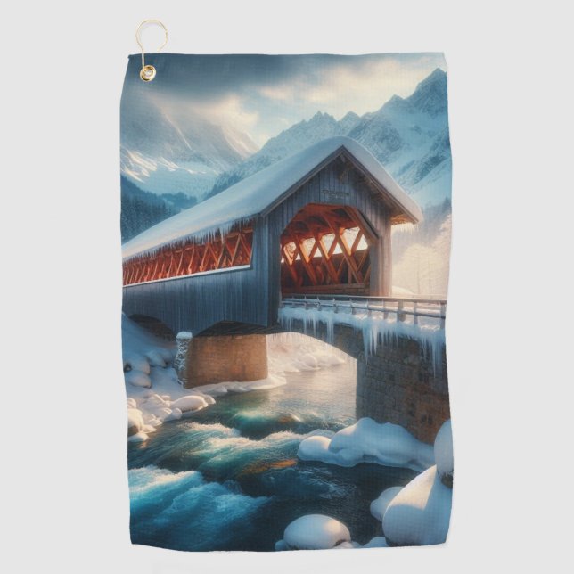 Serviette De Golf Pont et rivière enneigés en hiver (Devant)