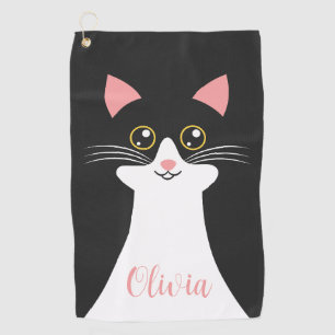 Serviette De Golf Portrait de chat noir mignon du milieu du siècle