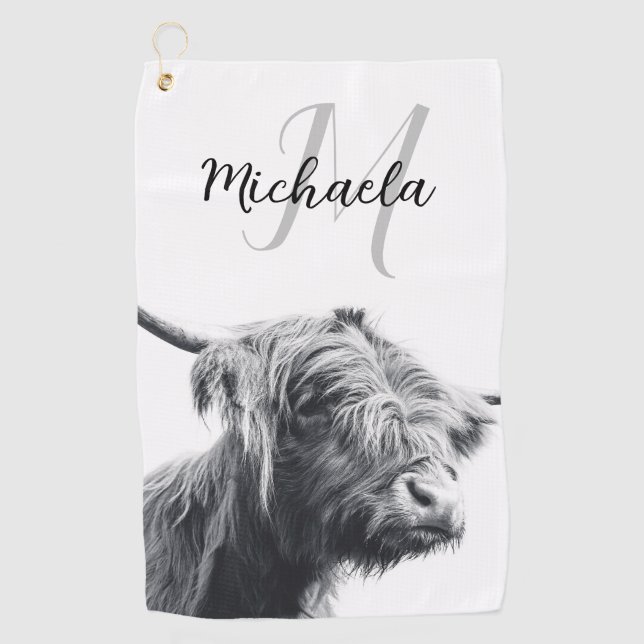 Serviette De Golf Portrait de vache Highland premier monogramme noir (Devant)