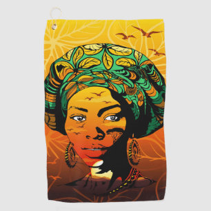 Serviette De Golf Portrait féminin africain avec coucher de soleil