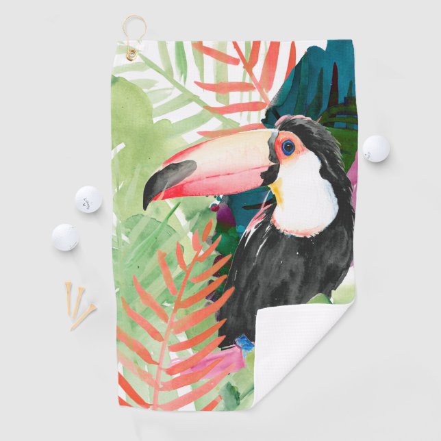 Serviette De Golf Portrait toucan avec Feuilles tropicaux (En situation)