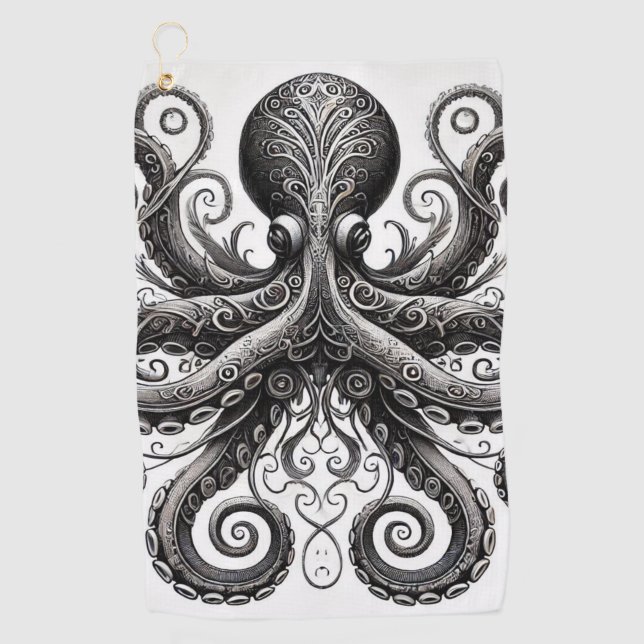Serviette De Golf Poulpe Steampunk Kraken Noir Orné (Devant)
