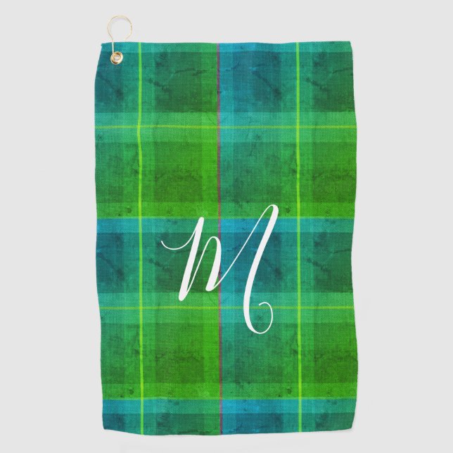 Serviette De Golf Préparation chic initiale vert et bleu tartan carr (Devant)