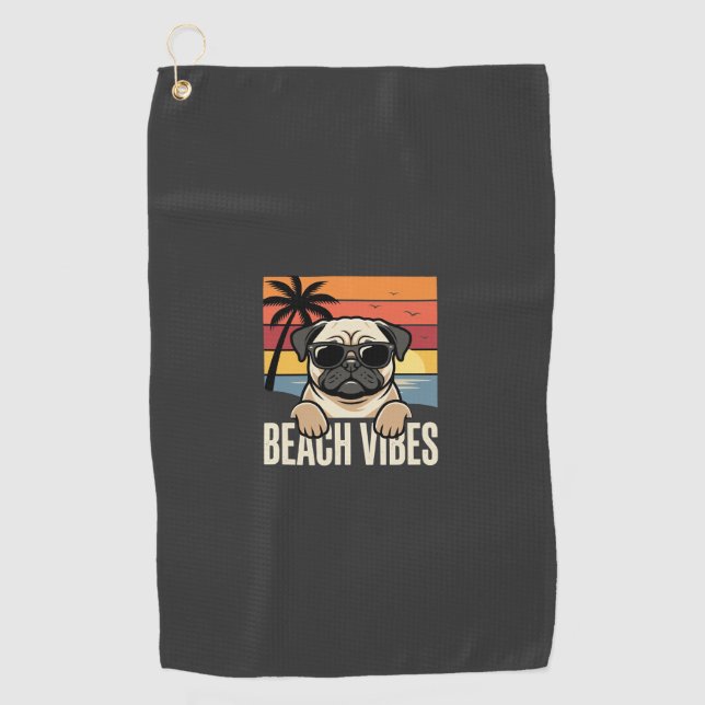 Serviette De Golf Pug Chien Ambiance Plage Coucher de Soleil (Devant)