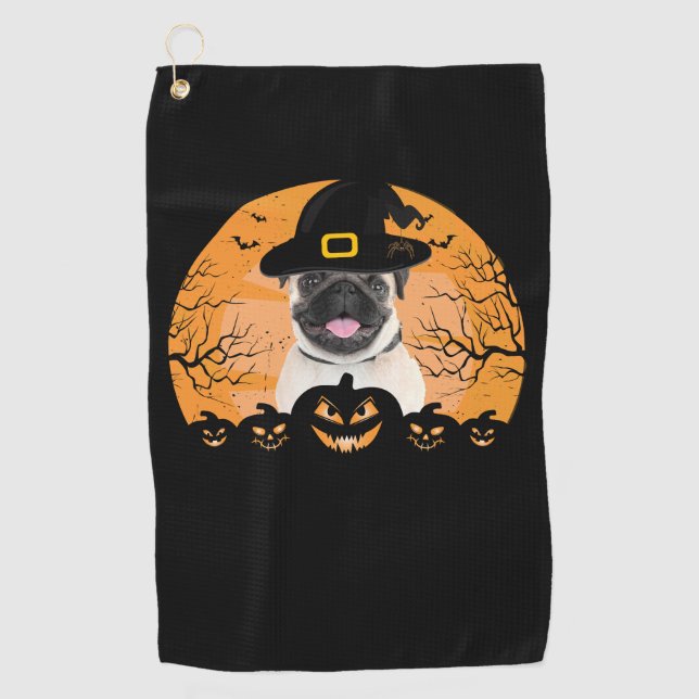 Serviette De Golf Pug Witch Hat Jack-o-Lantern Dogs Halloween T-Shir (Devant)