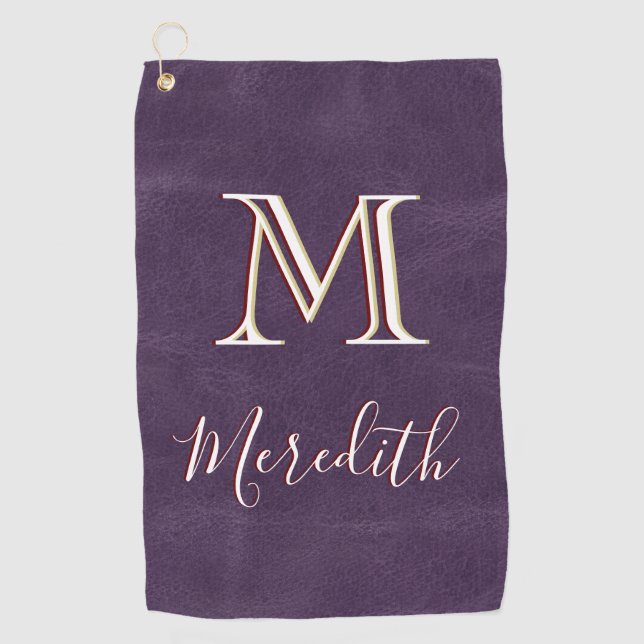 Serviette De Golf Purple Faux Cuir Unique 3 Couleur Nom Monogramme (Devant)