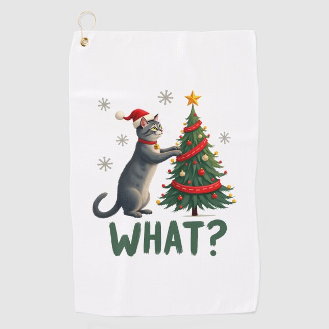 Serviette De Golf Quel chat drôle poussant l'arbre de Noël sur le ch (Devant)