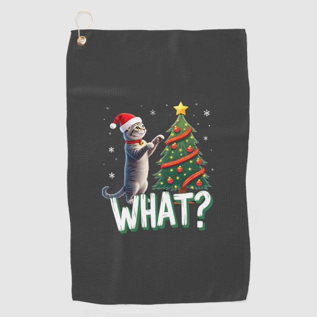 Serviette De Golf Quel chat drôle poussant l'arbre de Noël sur le ch (Devant)