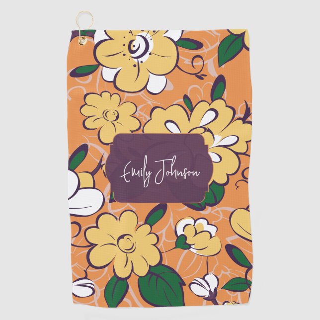 Serviette De Golf Retro Floral Orange Yellow White Custom Name (Devant)