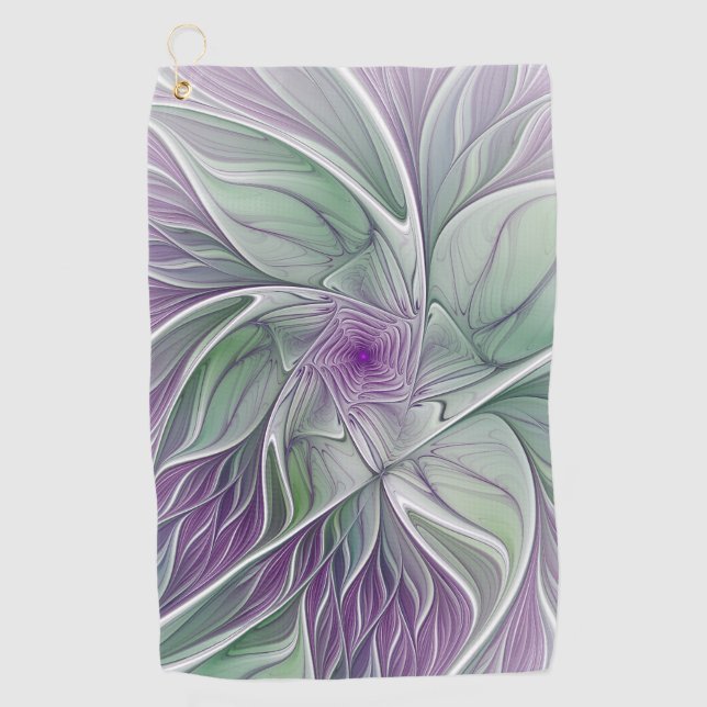 Serviette De Golf Rêve de fleurs, Abstrait violet vert Fractal Art (Devant)