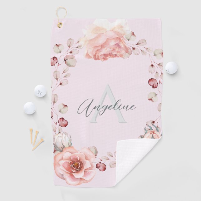 Serviette De Golf Rose d'aquarelle Wreath personnalisée | Rose (En situation)