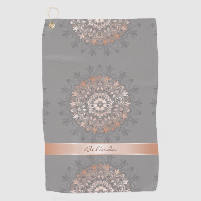 Serviette De Golf Rose Gold Grey Floral Mandala Monogramme (Devant)
