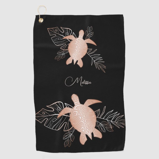 Serviette De Golf Rose Gold Sea Turtle Black Votre nom (Devant)