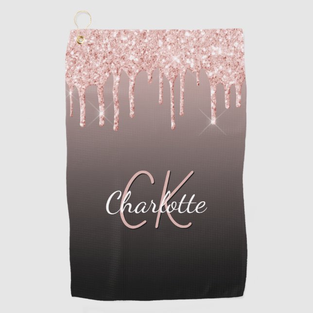 Serviette De Golf Rose or noir parties scintillant gouttes nom monog (Devant)