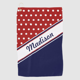 Serviette De Golf Rouge Blanc Bleu Polka Point Monogramme Femmes