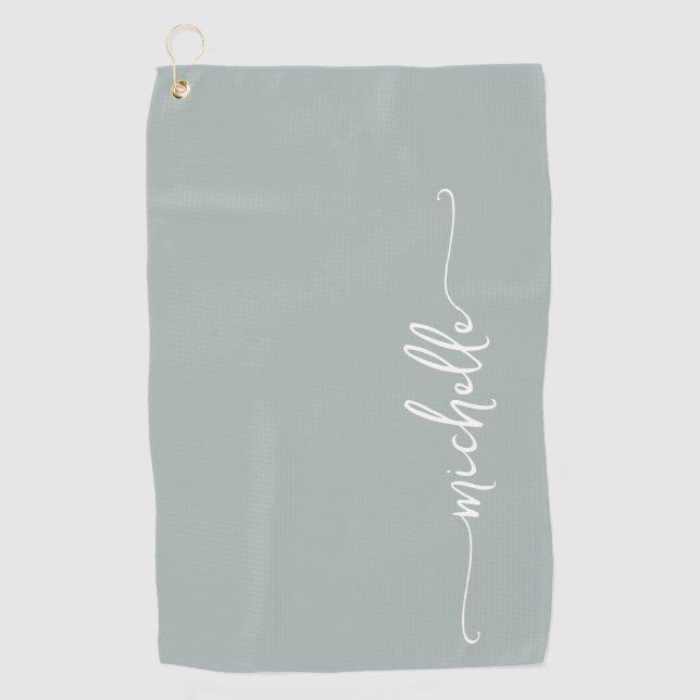 Serviette De Golf Sage Green Monogramme Nom Script élégant (Devant)