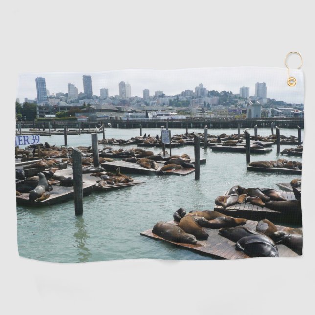 Serviette De Golf San Francisco et Pier 39 Sea Lions City Skyline (Horizontal)