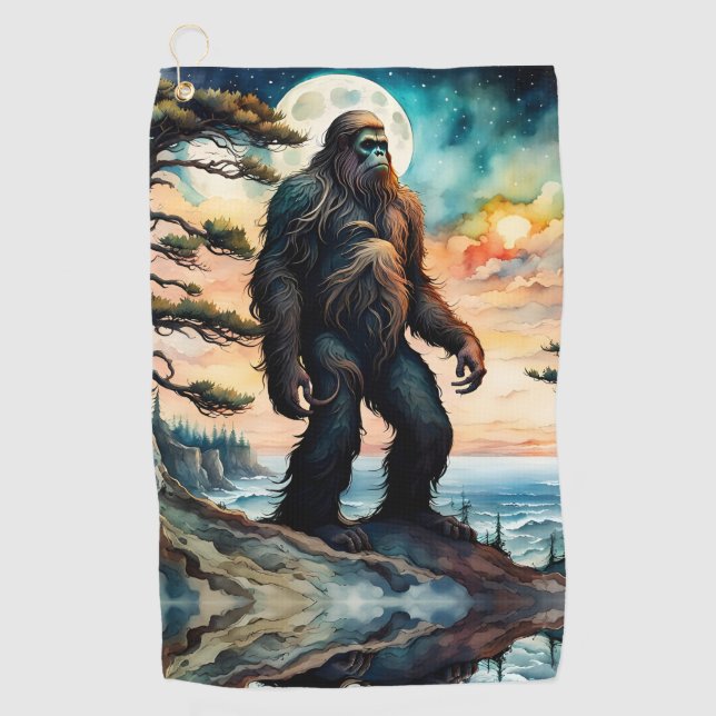 Serviette De Golf Sasquatch debout sur la crête surplombant l'océan (Devant)