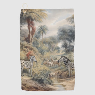 Serviette De Golf Scène botanique de zèbres et lions dans une oasis