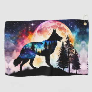 Serviette De Golf Silhouette berger allemand sur la lune de montagne
