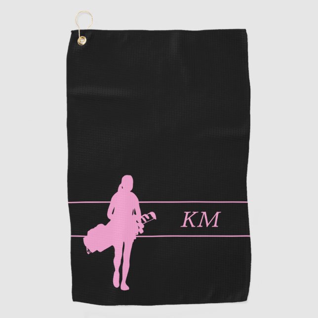 Serviette De Golf Silhouette rose Femme Golfeuse au monogramme de sa (Devant)