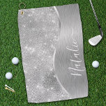 Serviette De Golf Silver Glitter Glam Bling Personalized<br><div class="desc">Personnalisez facilement cette serviette de golf à motif de faux parties scintillant à motif argent brossé et glamour avec votre propre nom personnalisé.</div>