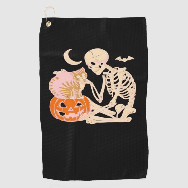 Serviette De Golf Skeleton Hugging Cat Halloween Amoureux des chats  (Devant)