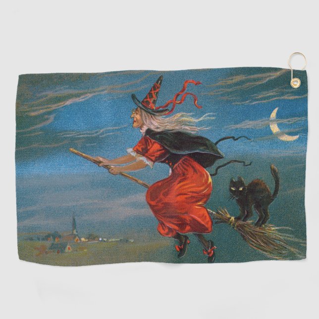Serviette De Golf Sorcière volant avec chat noir la nuit d'Halloween (Horizontal)