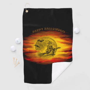 Serviette De Golf Sorcière volante avec chat noir, nuit halloween