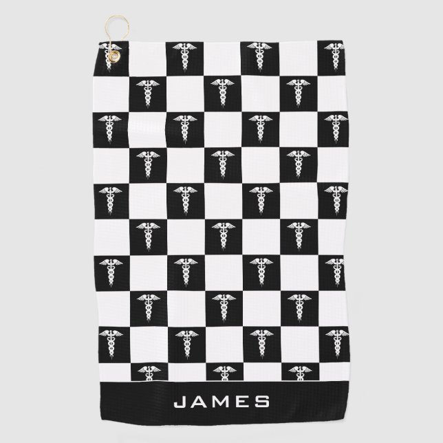 Serviette De Golf Symbole Médicale noir et blanc personnalisé Caduce (Devant)