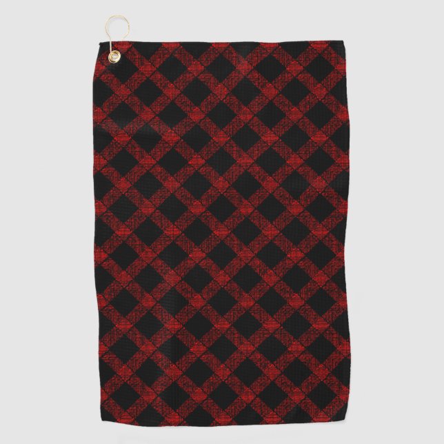 Serviette De Golf Tartan rouge rustique et noir avec lignes gaufrées (Devant)