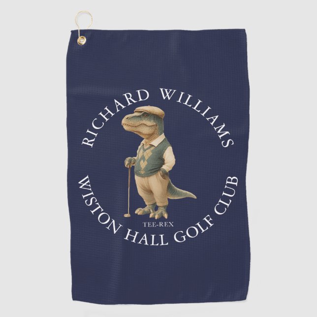 Serviette De Golf Tee-Rex Dinosaure Golfeur Nom Et Club Bleu Marine (Devant)
