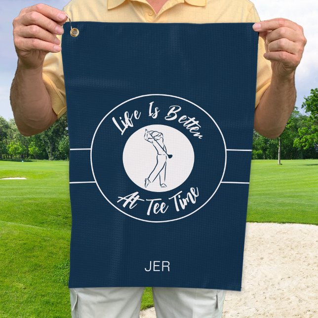 Serviette De Golf Tee Temps Golfer Humour Sports Monogramme Bleu Bla (Créateur téléchargé)