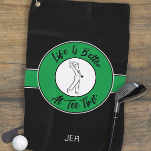 Serviette De Golf Tee Time Golfer Humour Sports Monogramme noir vert